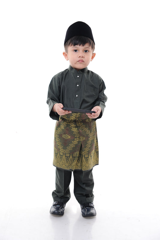Baju Melayu Tenun Pahang Kid Dark Green