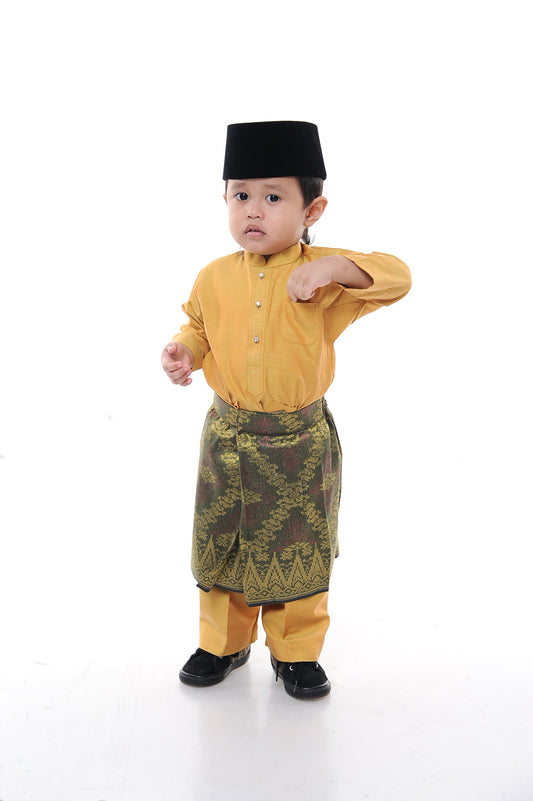 Baju Melayu Tenun Pahang Kid Orange Gold